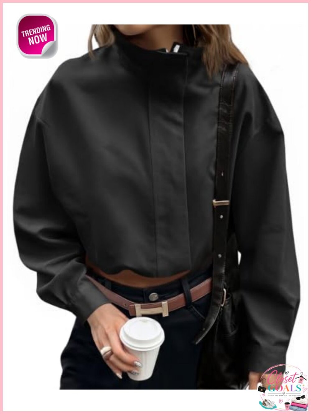 Tankaneo Womens Zip Up Cropped Jacket Stand Collar Lightweight Oversized Coat